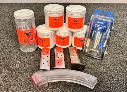 (5) Containers of Tannerite (Brand Binary Rifle Targets), Brand Mixing Conatiner, Magazines and A ah&iacute; master .45 Cal Pistol Cleaning Kit