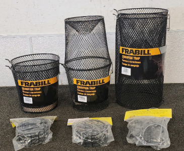 (3) Frabill Craw Fish Traps Of Various Sizes And (3) Willapas Deluxe Crab Snares!