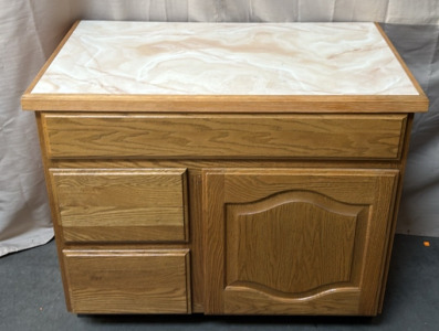 Oak 2-Drawer, 1-Door Cabinet w/ Stained Top