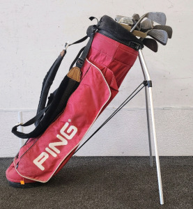 Red Ping Caddie Bag With (13) Golf Clubs