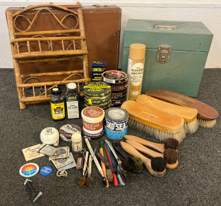 Shoe Polishing Supplies, Briefcase, Metal File Storage, Wooden Shelf