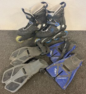 K2 Impulse-W Size 9 Roller Skates, Two Pairs Of Snorkel Fins