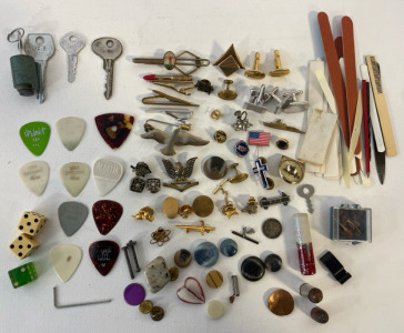 1941 Dime, 1969 Elvis Card, Pins, Guitar Picks, Keys, Dice & More Nicknacks With Wooden Box