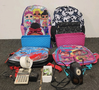LOL Backpacks, Spiderman Backpack, Nightmare Before Christmas Backpack, Stanley Electric Pencil Sharpener, Magnets, And A Vintage Casio SR-1 Printing Calculator