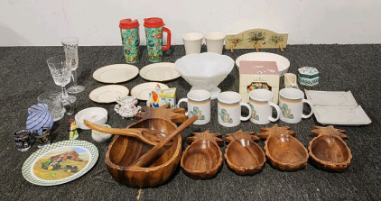 (2) Japanese Ceramic Serving Plates, Lefton China Rose Chintz Miniature Covered Sugar And Creamer Set, Monkey Pod Wood Salad Bowl Set, And More!