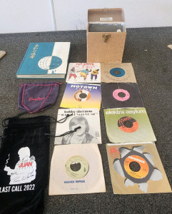 1960 USS Ticonderoga (CVA-14) Cruise Book, (2) Number Juan Tequila Bags, Crowl Royal Bag, And A Box Of Vinal Records.