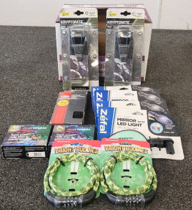 (2) Kryptonite TKO Folding Bike Lock, (4) Z&eacute;fal Cyclops Bike Mirror With LED Lights, (2) CruzinBrights Bike Lights, (2) Bright Buddies Light And Lock Bike Lock, And Padded Handlebar Tape!