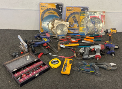 Tools Including 3 Dewalt 12&rdquo; Circular Sawblades & Other Sawblades, Dewalt Drill, Nail Guns & More