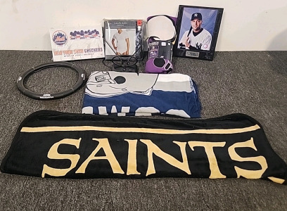 Fleece Sports Throw Blankets New Orleans Saints,Dallas Cowboys,Minnesota Vikings, Derek Jeter 2000 World Series MVP New York Yankees Plaque, New York Mets Checkers Set,Seattle SeaHawks Steering Wheel Cover. RCA Antenna and 3 Pack Calvin Klein V-Neck Cott