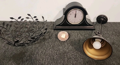 Liverpool Clockworks Mantel Clock. Rustic Hanging Ceiling Light . Metal Decorative Fruit Bowl. Pumpkin Spice Candle..