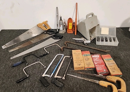 6 Ton Hydraulic Bottle Jack 4 Ton Hydraulic Bottle Jack. 3 Long Wood Saws. 3 Great Neak Coping Saws . 2 Crow Bars .. Texture Hopper and Spray Gun . 2 Boxes of 2" Finish Nails . 1 Box of 1 1/4" Finish Nails . 1 1/2" Box of Finish Nails And More ..