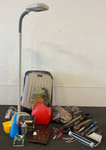 Reaction Kenneth Cole Suitcase, Tall Standing Lamp, Small Handled Tools & Drill Bits, Gas Can & Other Items