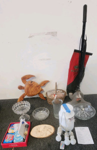 Vintage Royal Upright Vacuum, Glassware, Wooden Turtle Decor, Pull Light, Phase 10, Skip Bo, And More!