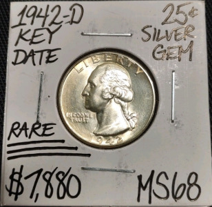 1942-D MS68 Rare Key Date Gem Silver Quarter