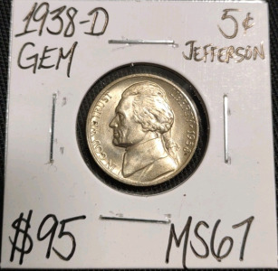 1938-D MS67 Gem Mint State Jefferson Nickel