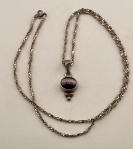 .925 Silver And Purple Cabochon Pendant & .925 Silver Chain