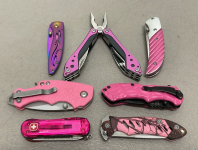 (6) Assorted Pink Folding Knives & Pink Multitool&hellip; Browning, Swiss Army, Smith & Wesson, Kershaw +