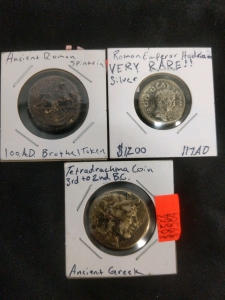 3)Ancient Roman Greek Coins 100AD Brothel Token, 117AD Emperor Hadrian Silver Coin, and 3rd to 2nd Century BCE Tetradrachma Coin