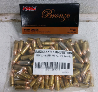 (2) Ammunition Boxes - (1) Oak Island Ammunition 9mm 124 Grain FMJ 100 Rounds (1) PMC Bronze 9mm Luger 124 Grain FMJ 50 Rounds