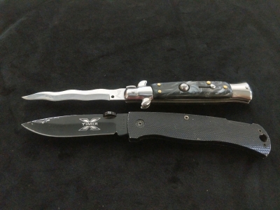 AKC Automatic Stiletto Kriss Blade 3.25" and Schrade Timer X Black Drop Point 3.5" Knife