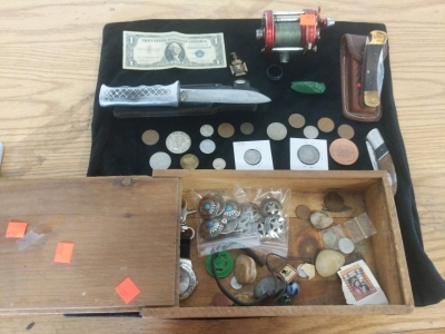 Assorted Personal Effects-Silver Certificate 1$ Bill 1957, Fixed Blade, Pocket Knives, Coins from Around the World and More