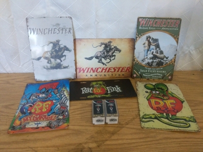 100rds .17HMR CCI Ammunition Polymer Tip, (3)Winchester Advertising Signs and Rat Fink Signs and Showroom License Plate