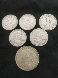 (3) Walking Liberty Half-Dollars, (2) Benjamin Franklin Half-Dollars, and (1) Morgan Silver Dollar