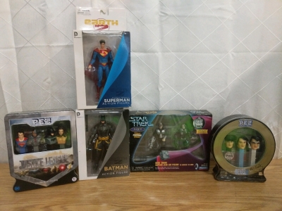DC Comics Action Figures Batman Superman, Pez Dispensers Elvis, Justice League, Star Trek!