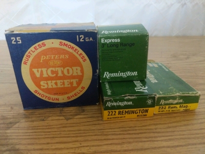 Ammunition! 25rds Vintage Peters DuPont Victor Skeet 12ga 2.75", 16rds Remington Express Long Range 410ga 3" 6 shot, and 20rds 222 Remington and 16rds Remington Magnum