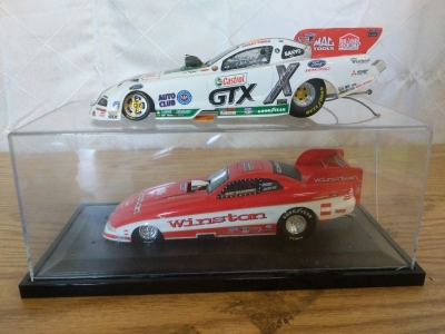 Diecast NHRA Funny Cars Castrol GTX Ashley Force Ford Mustang and Winston Whit Bazemore Ford Mustang in Case