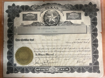 State of Texas Stock Certificate Dated January 19 1938