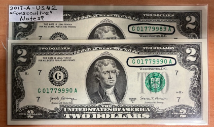 (2) Consecutive 2017 $2 Bills