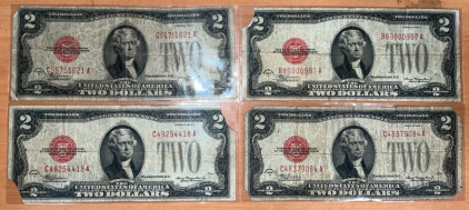 (4) 1928 Red Note $2 Dollar Bills Dating