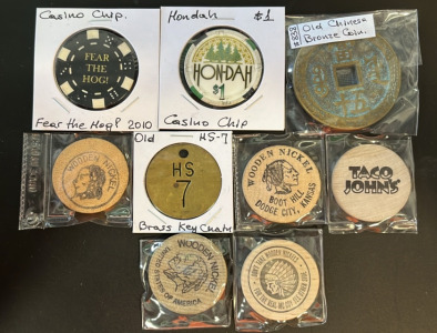 (1) Old Chinese Bronze Coin (4) Wooden Nickels (1) Taco John&rsquo;s Free Taco Token & More