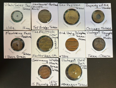(10) Assorted Tokens Including Vancouver Portland Bridge Token, Old Italy Telephone Token, Utah Sales Tax Token & Much More