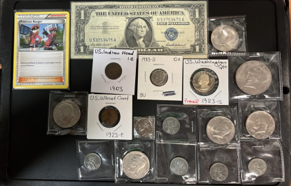 (1) 1957 Blue Stamp US Dollar Bill (10) Assorted Pok&eacute;mon Cards (1) 1977 Ike Dollar & Much More