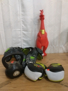 Sporting Goods! Giant Red Rubber Chicken 27"!, Schutt Shoulder Pads M 13-14", 10lb Kettle Bell, Sanabul sz14 10oz Boxing Gloves