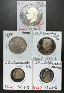 (1) 1974-S US Ike Dollar (1) 1983-S US Kennedy Half Dollars (1) 1983-S US Roosevelt Dime & More