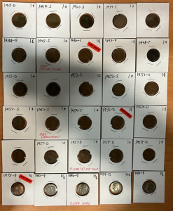 (26) Lincoln Head Pennies Dating Between 1918-1978 (4) US Dimes Dating Between 1992-1980