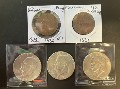 (3) Ike Dollars Dating Between 1974-1978 (1) Great Britain 1936 1 Ceng Coin (1) 1829 Sweden Skilling