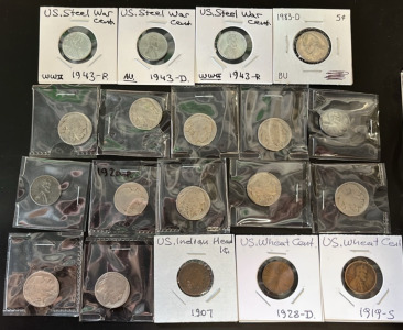 (3) 1943 US Steel War Cents (10) Indian Head Nickels (2) US Wheat Coins Dating Between 1907-1928 & More