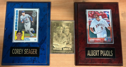 (1) Corey Seagar Framed Card (1) Albert Pujols Framed Coin (1) 23 KT Gold Foil Iron Men Card