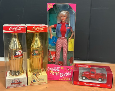(2) Opening Ceremony Atlanta 1996 Bottles With Certificate of Authenticity (1) Coca-Cola Picnic Barbie (1) Coca-Cola Train Accessory