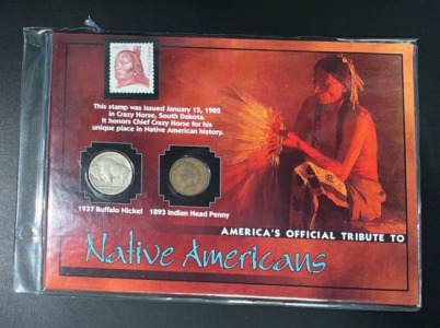 (1) 1937 Buffalo Nickel (1) 1893 Indian Head Penny (1) 1982 Crazy Horse Stamp