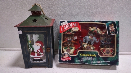 Vintage Mr. Christmas Carousel Ornaments Circus Animals Elephant, Tiger, Horse Animated & Vintage Christmas Light Candle Box
