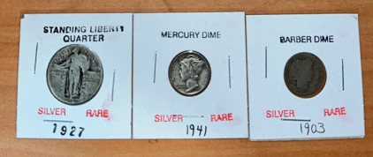 (1) 1927 Standing Liberty Quarter (1) 1941 Mercury Dime (1) 1903 Barber Dime