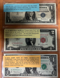 (1) 1957 Silver Certificate Dollar (1) $2 Red Seal Gold/Silver Certificate (1) Uncirculated Barr Note