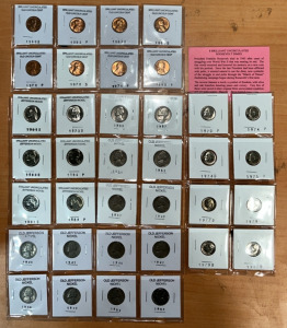 (8) Brilliant Uncirculated Roosevelt Dimes Dating Between 1970-1987 (8) Brilliant Uncirculated Old Lincoln Cents (8) Brilliant Uncirculated Jefferson Nickels & Much More