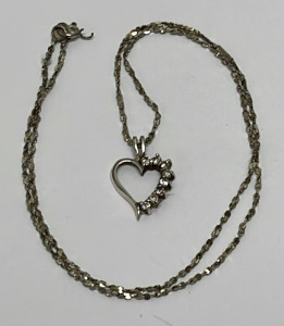 .925 Silver Heart Pendant W/ Round Cut And Faceted Clear Gemstones And Necklace
