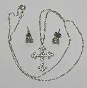 .925 Silver Cross Pendant W/ Necklace And Round Cut And Faceted Clear Gemstone Earrings